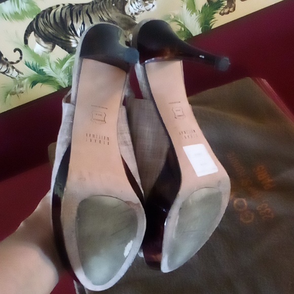 Stuart Weitzman size 8 tweed & tortoise shell open toe 3" heels good condition - Picture 5 of 8